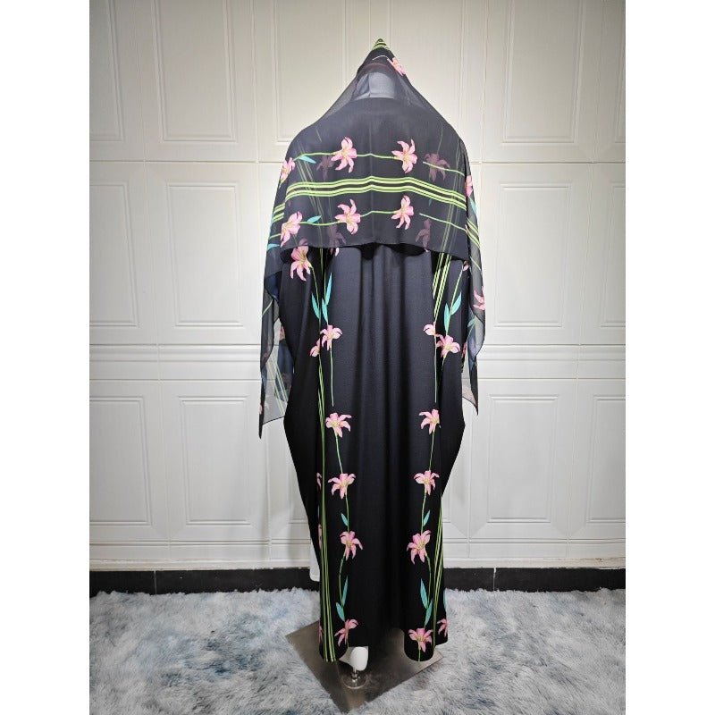 Black Floral Print Abaya Set | Lightweight Breathable Cardigan with Matching Hijab(MOA230)