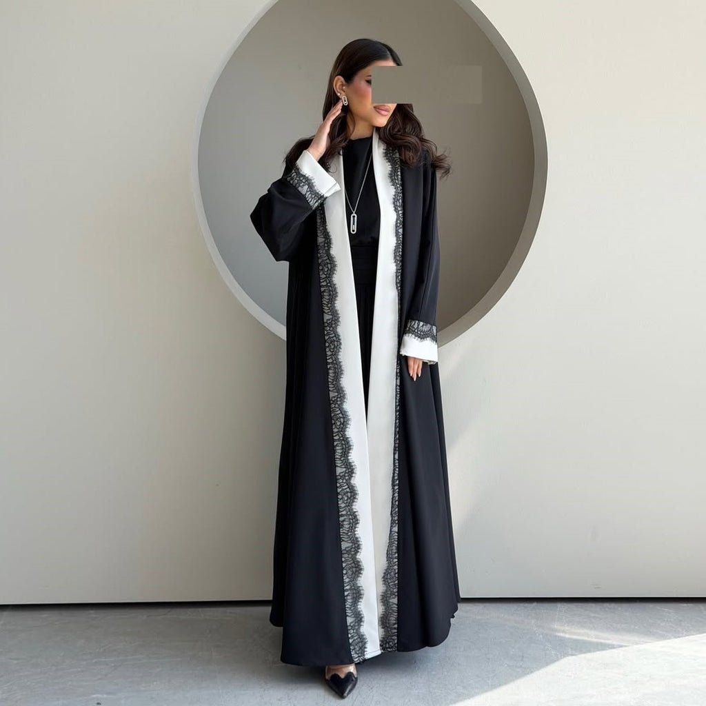 Black & White Lace Trim Open Abaya(MOA311)