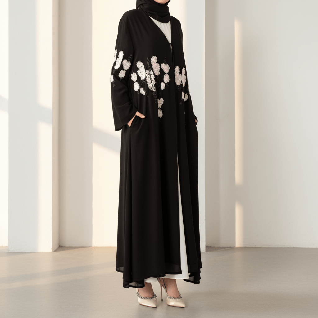 Luxury Floral Embroidered Double-Layer Chiffon Open Abaya(MOA308)