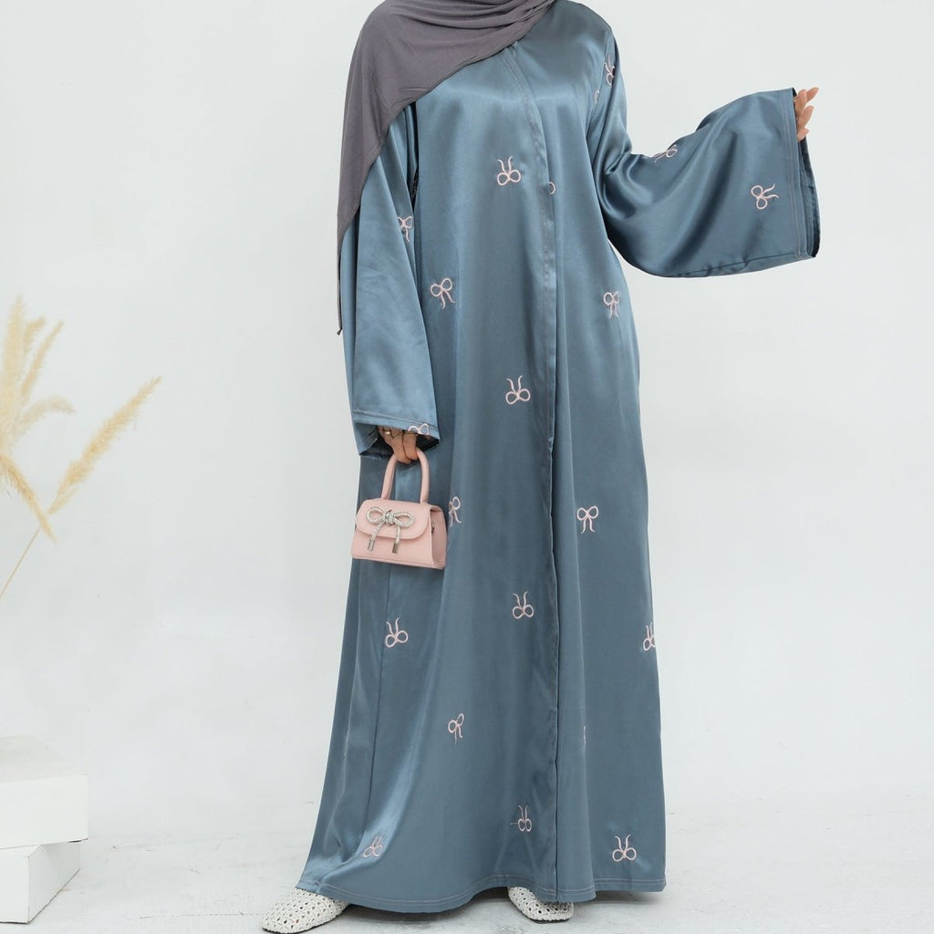 Bow Embroidered Glossy Open Abaya (MOA102)