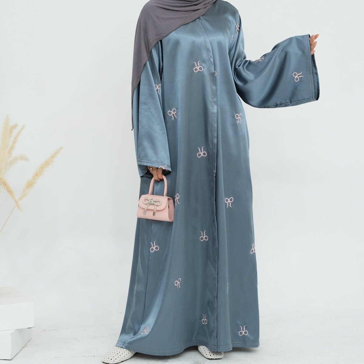 Bow Embroidered Glossy Open Abaya (MOA102)