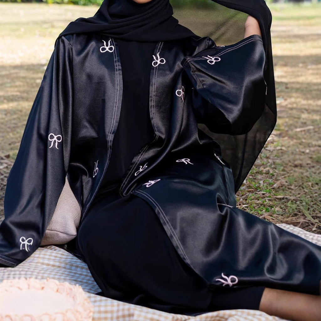 Bow Embroidered Glossy Open Abaya (MOA102)