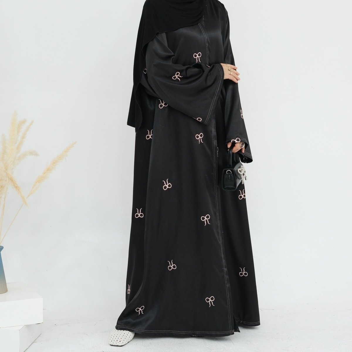 Bow Embroidered Glossy Open Abaya (MOA102)