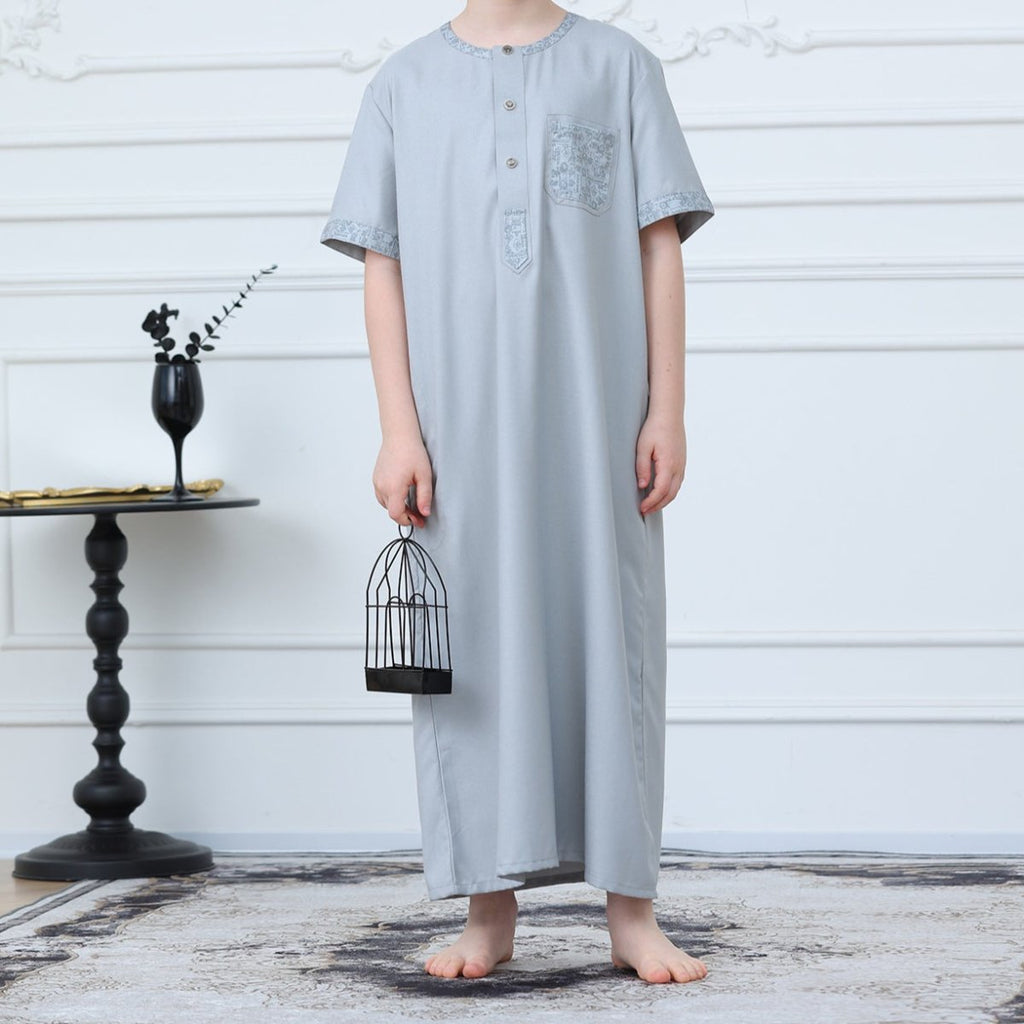 Boys Light Grey Short Sleeve Embroidered Thobe(MKB020)