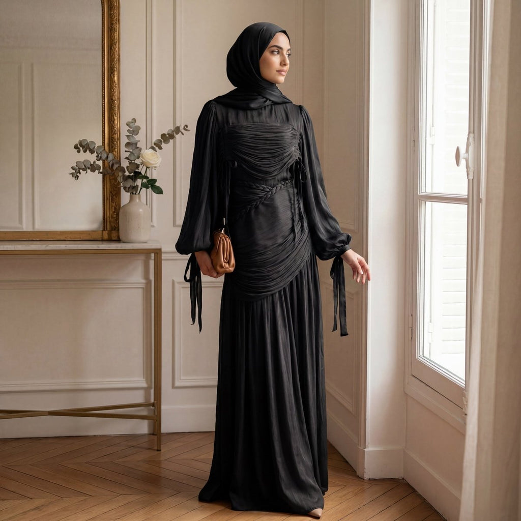 Braided Collar Ruched Fringe Maxi Dress(MS406)