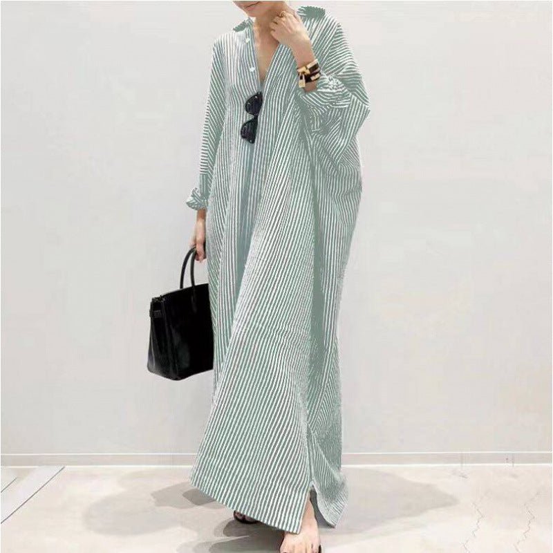 Breathable Stripe Print Loose Fit V-Neck Batwing Sleeve Abaya Dress  Maxi Dress with Side Pockets (MA232)