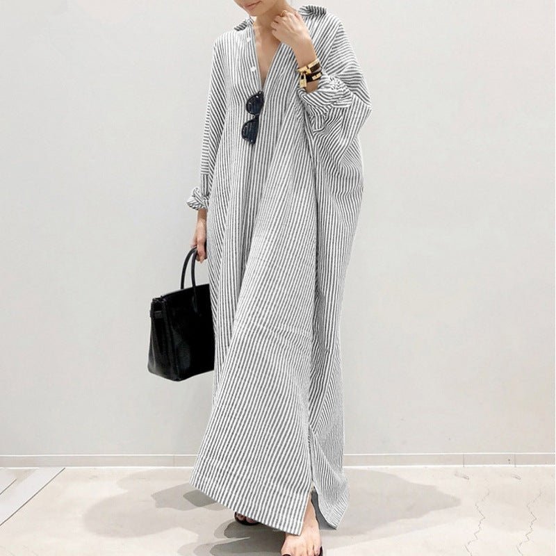 Breathable Stripe Print Loose Fit V-Neck Batwing Sleeve Abaya Dress  Maxi Dress with Side Pockets (MA232)