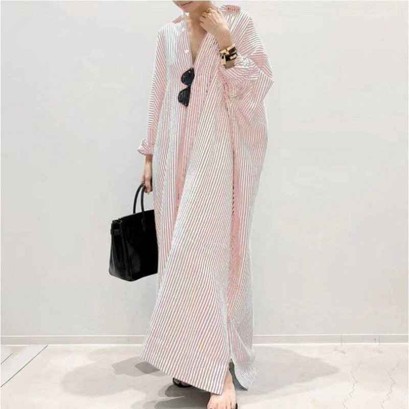 Breathable Stripe Print Loose Fit V-Neck Batwing Sleeve Abaya Dress  Maxi Dress with Side Pockets (MA232)