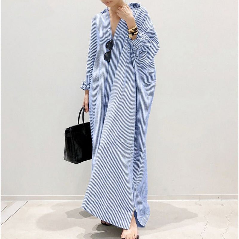 Breathable Stripe Print Loose Fit V-Neck Batwing Sleeve Abaya Dress  Maxi Dress with Side Pockets (MA232)