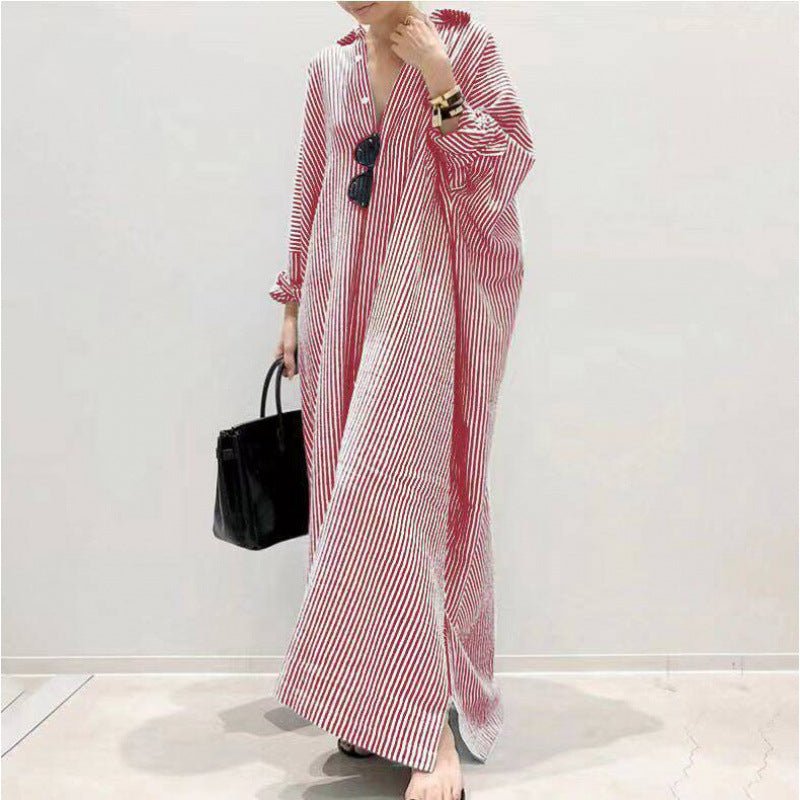 Breathable Stripe Print Loose Fit V-Neck Batwing Sleeve Abaya Dress  Maxi Dress with Side Pockets (MA232)