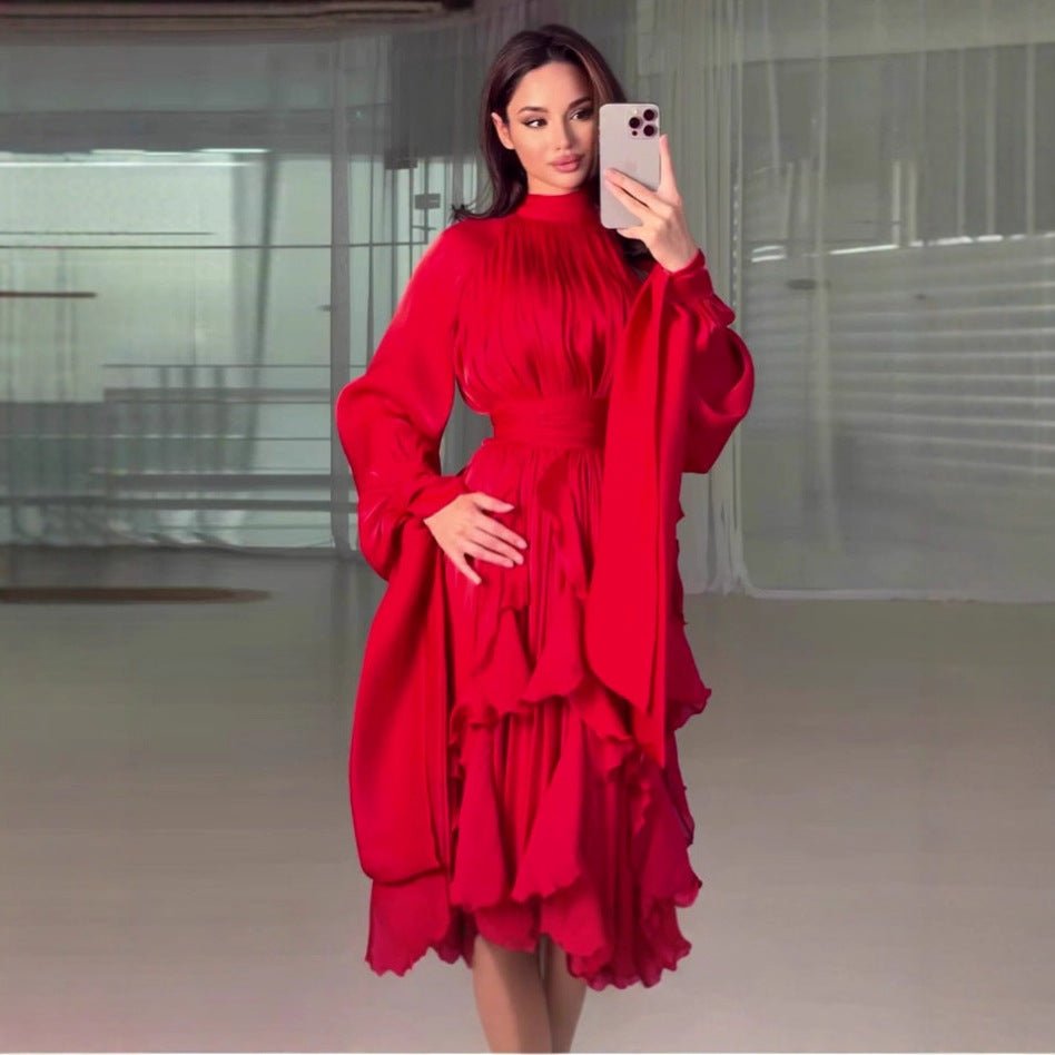 Cascading Ruffle Gown | High Neck Tie-Waist Maxi Dress(MS231)