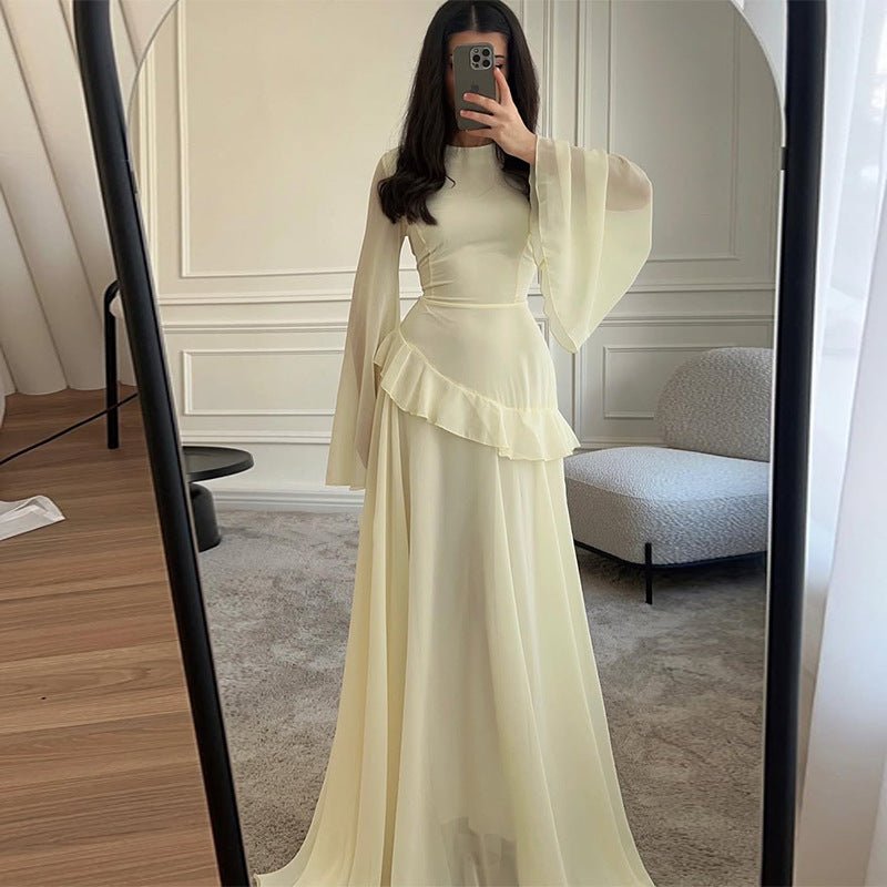 Chiffon Ruffle Gown with Tie-Back | Bell Sleeve Tiered Maxi Dress(MS227)