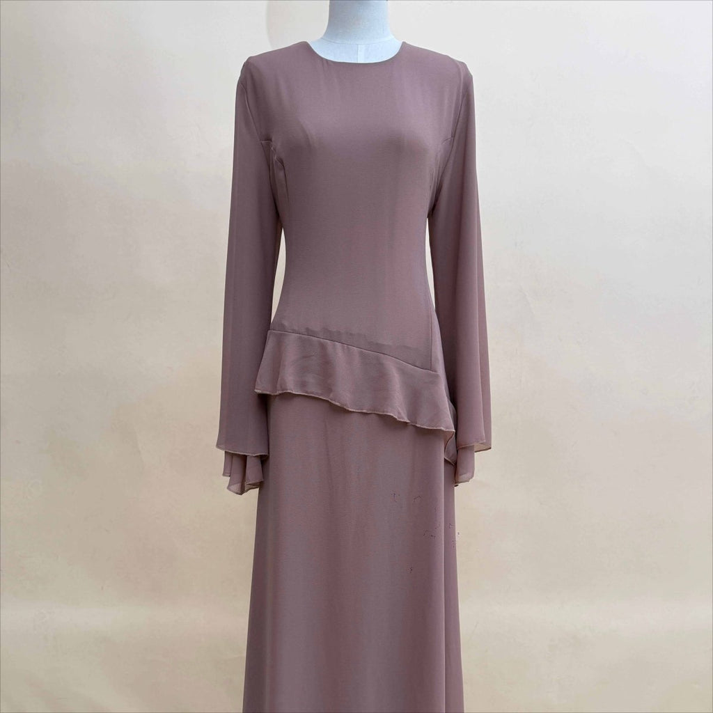 Chiffon Ruffle Gown with Tie-Back | Bell Sleeve Tiered Maxi Dress(MS227)
