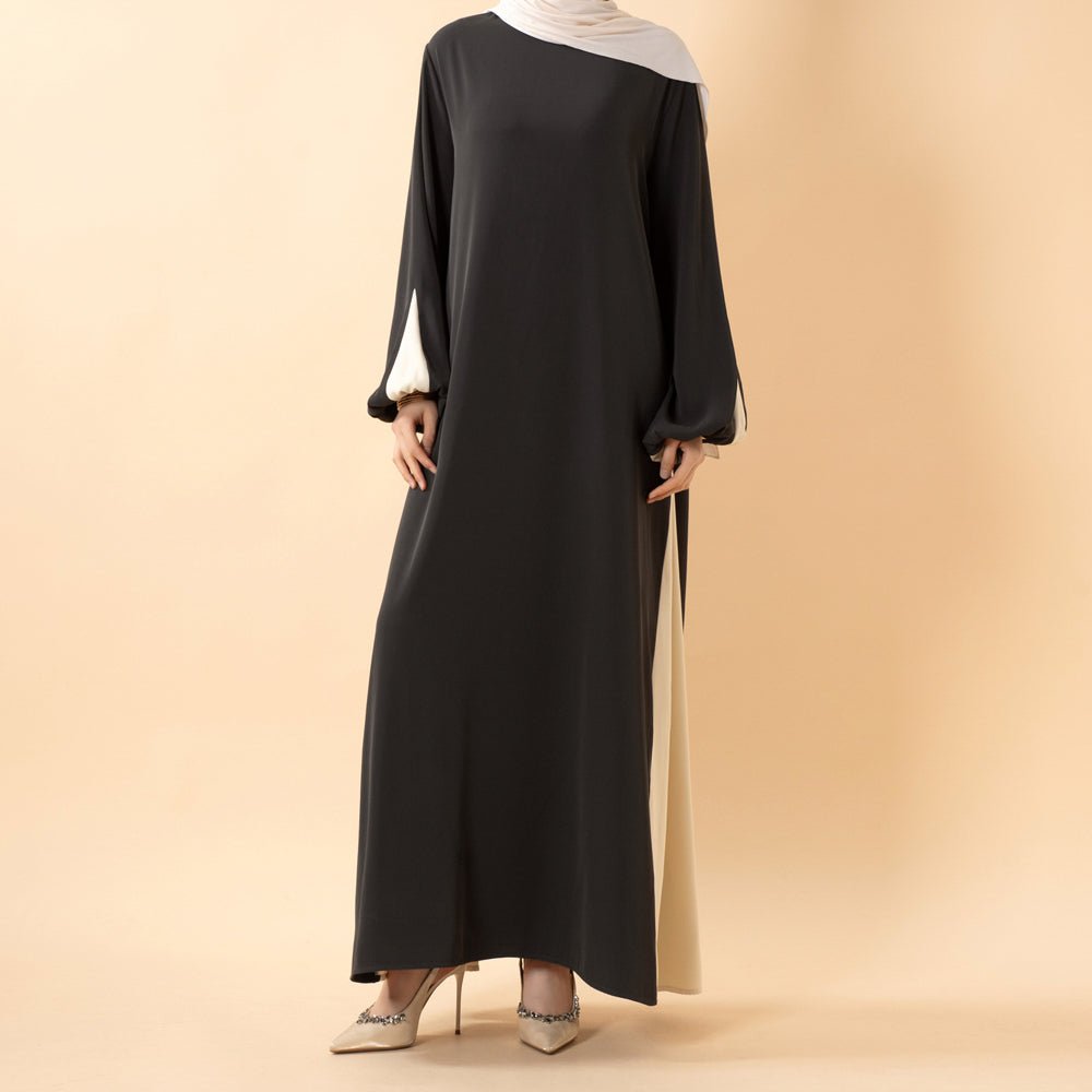 Contrast Panel  Abaya with Drawstring Detail & Balloon Sleeves(MA421)