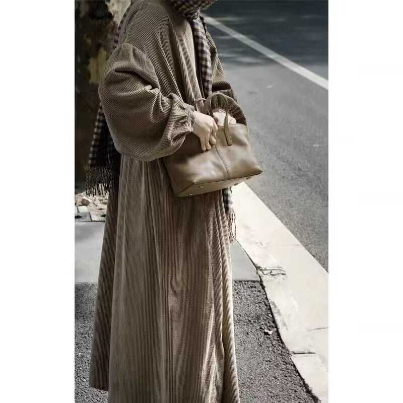Corduroy Bubble Sleeve Maxi Dress with Pockets | Vintage Soft Corduroy Winter Dress (MS205)