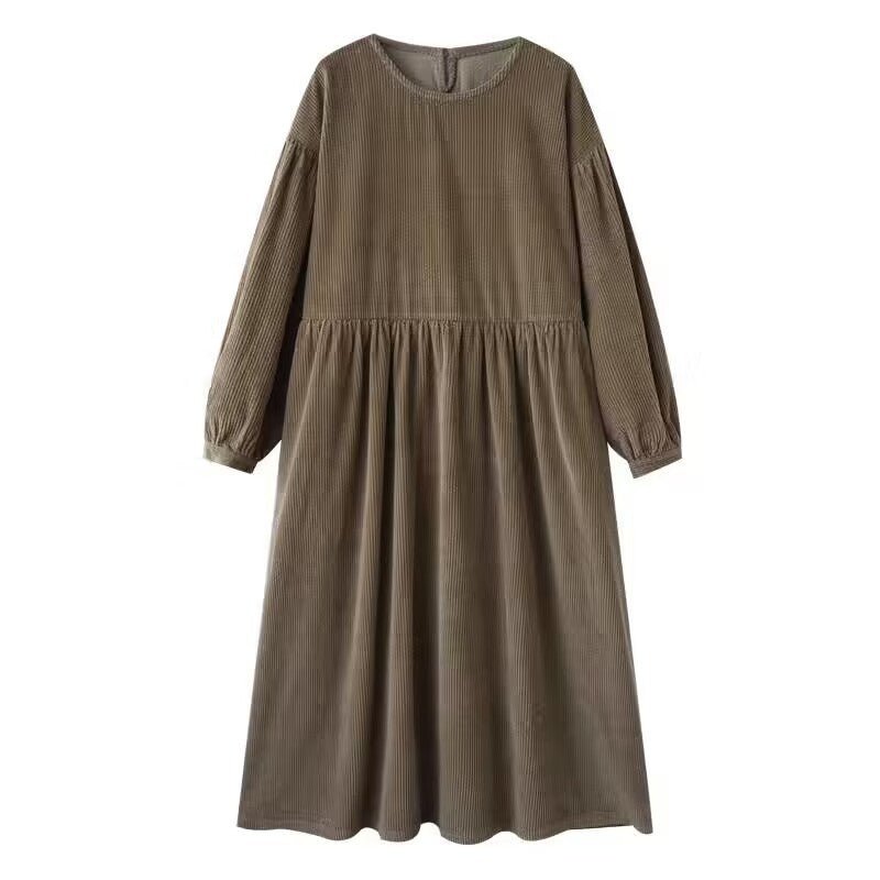 Corduroy Bubble Sleeve Maxi Dress with Pockets | Vintage Soft Corduroy Winter Dress (MS205)