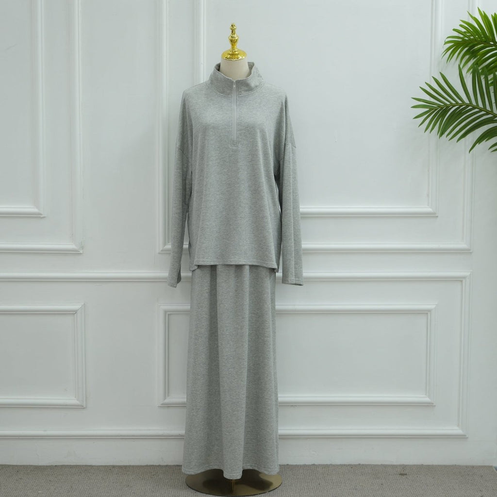 Cotton Half-Zip Top & Maxi Skirt Set(MS441)