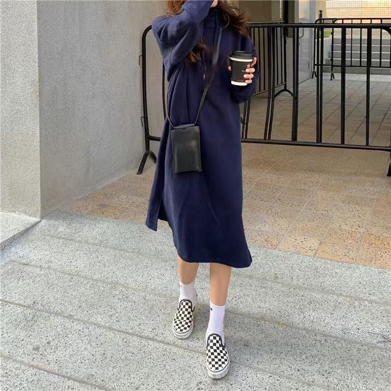 Cozy Hooded Pullover Maxi Dress | Mid-Length Fleece Lined Dress with Side Slits(MS137)