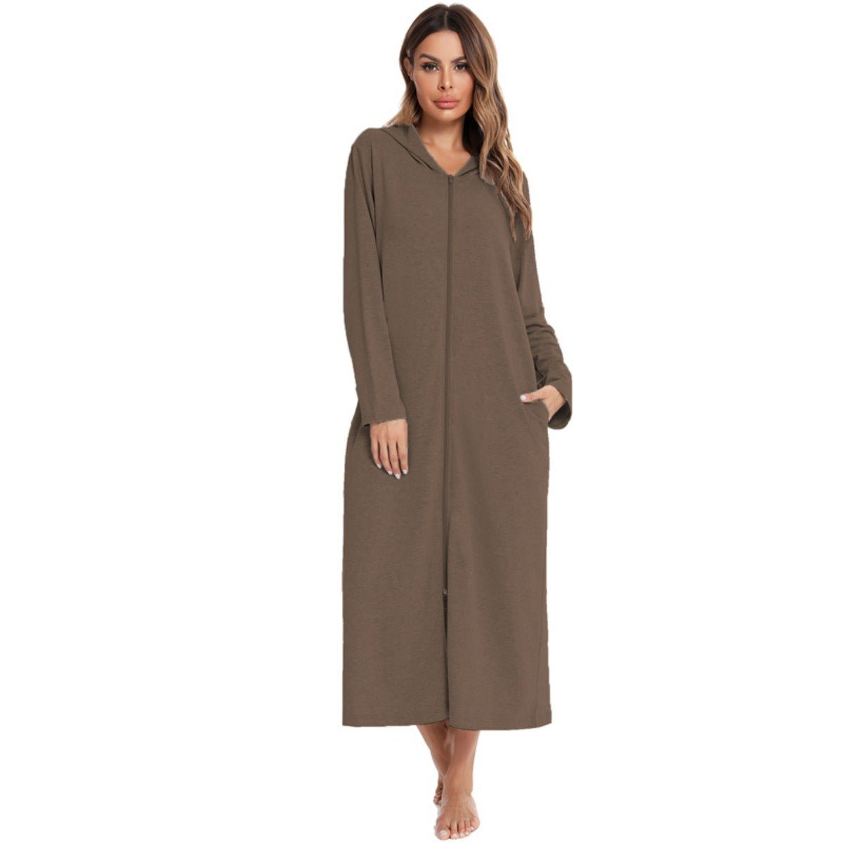 Cozy Longline Zip-Up Cardigan with Pockets | Home Wear Comfort(MS110)