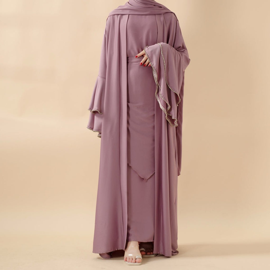 Crepe Satin Ruffle Sleeve Abaya, 5-Piece Set (MOA033)