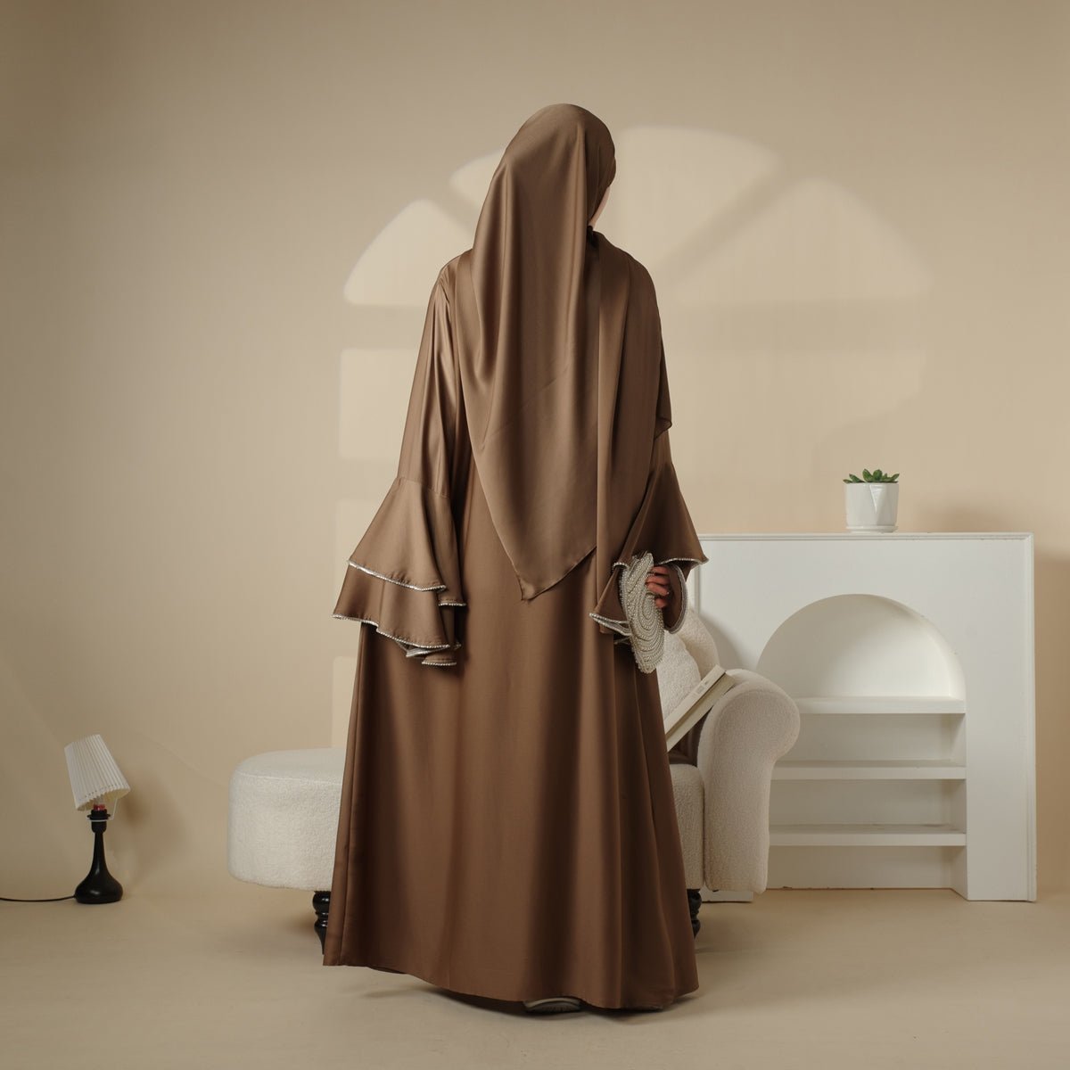 Crepe Satin Ruffle Sleeve Abaya, 5-Piece Set (MOA033)