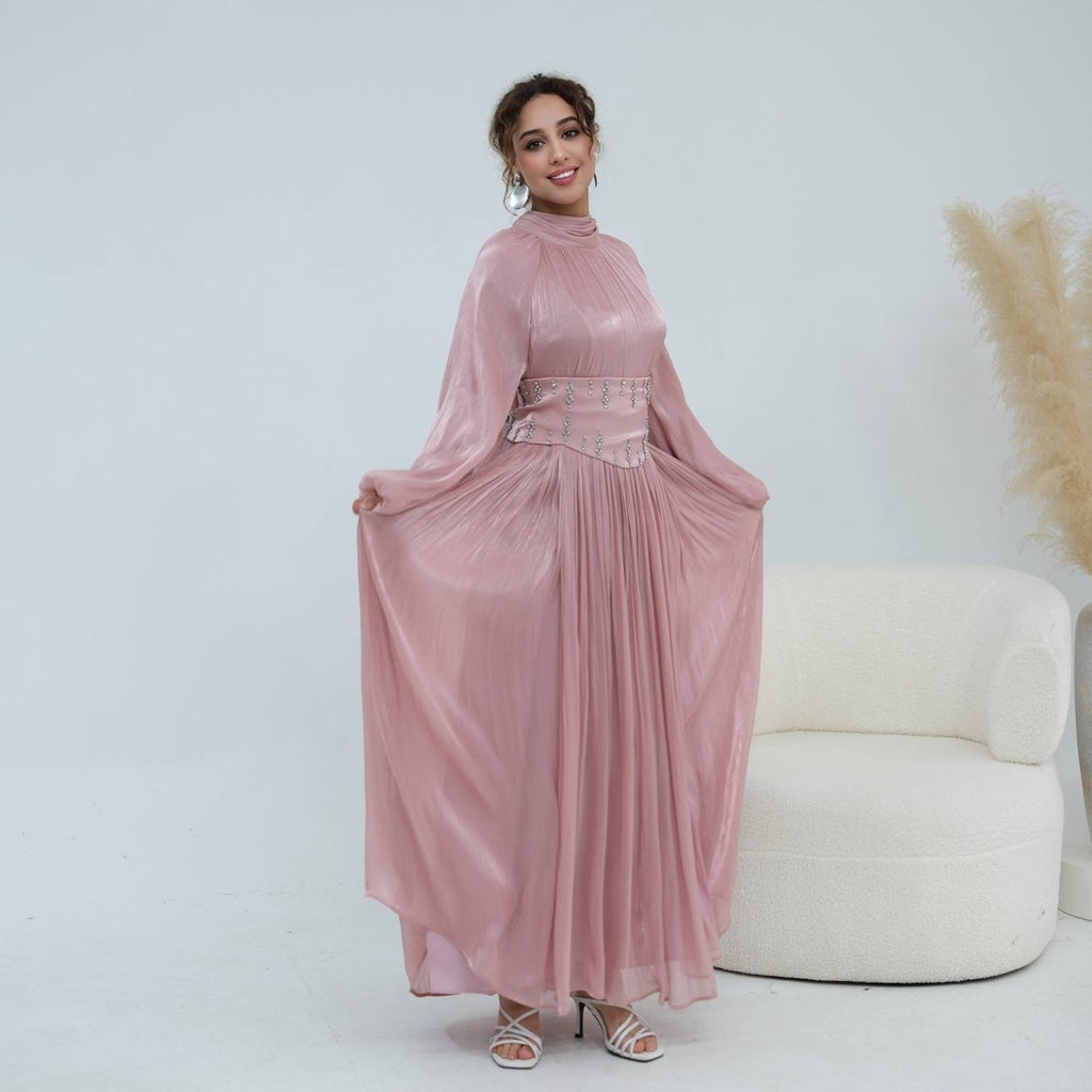 Crystal-Embellished Wide Belt Puff-Sleeve Maxi Dress(MS477)