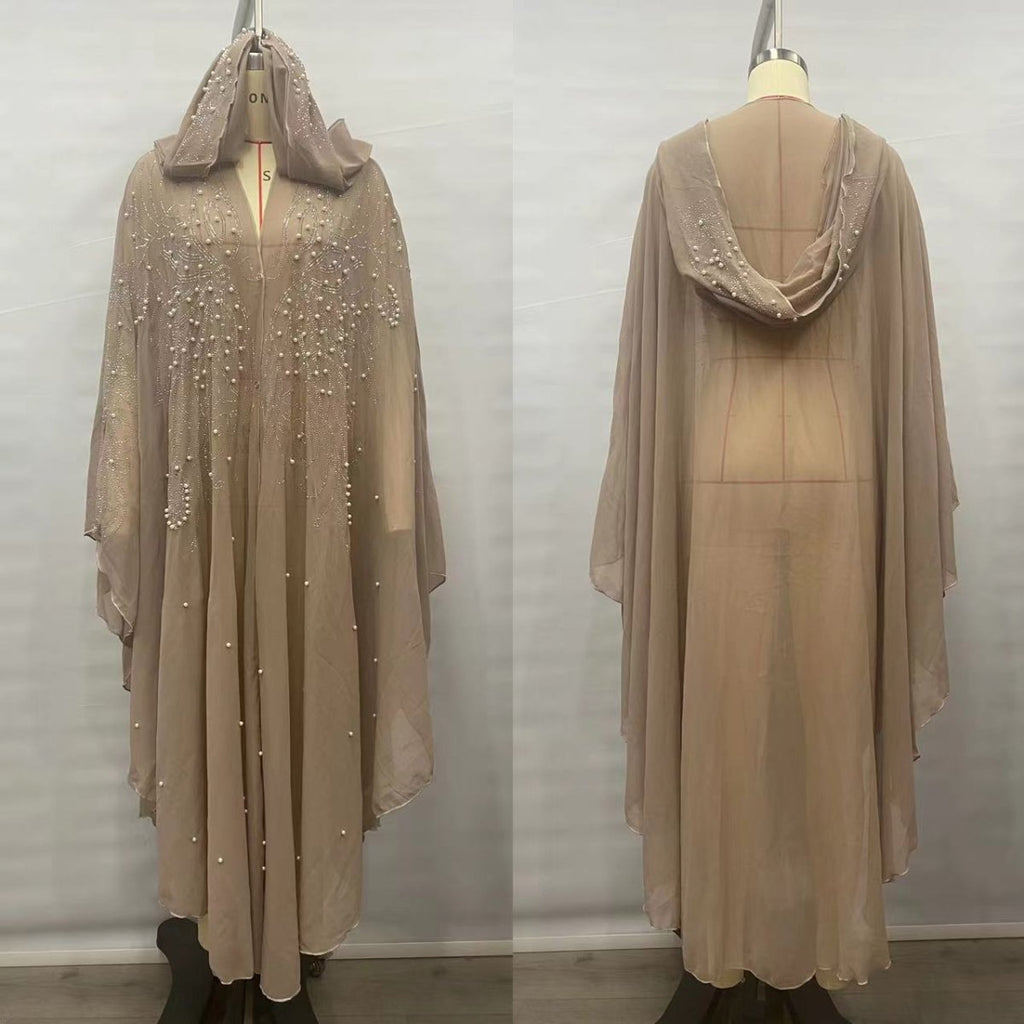 Crystal & Pearl Embellished Hooded Cape Abaya (MA366)