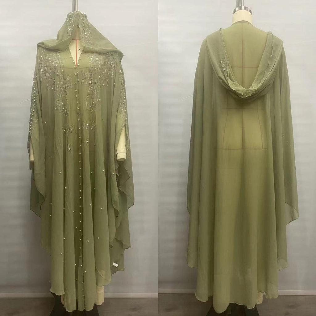 Crystal & Pearl Embellished Hooded Cape Abaya (MA366)