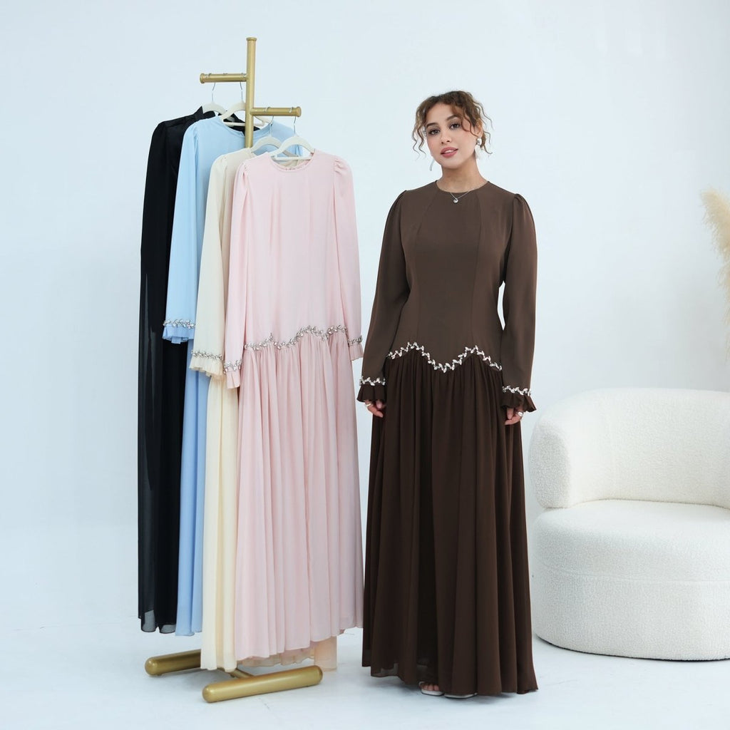 Crystal-Trim Ruffle Cuffs Maxi Dress(MS458)