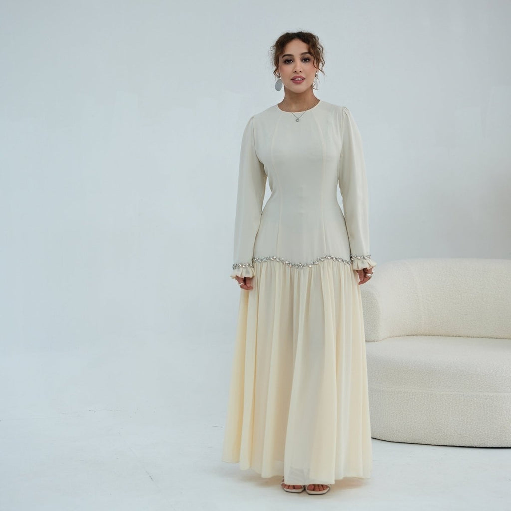 Crystal-Trim Ruffle Cuffs Maxi Dress(MS458)