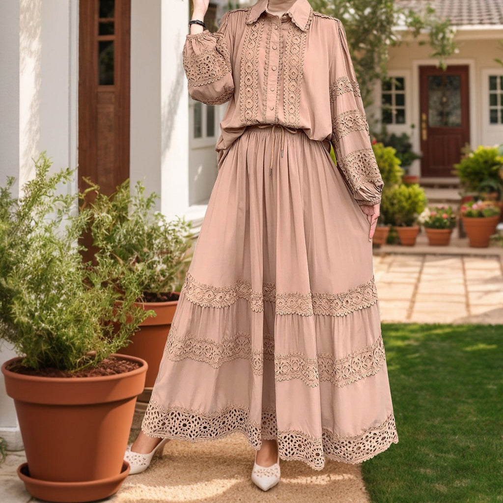 Cutwork Lace Blouse & Tiered Maxi Skirt Set (MS375)