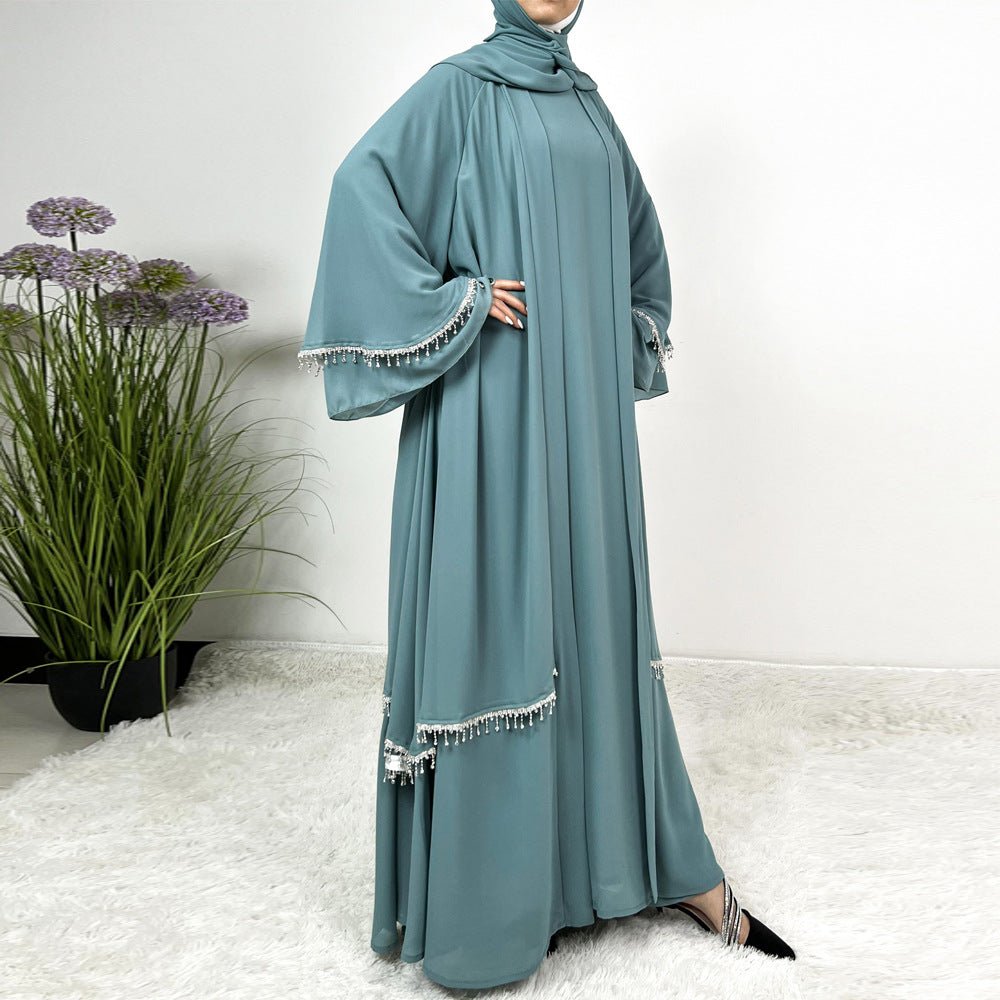 Diamond Beaded Fringe Flare Sleeve Chiffon Maxi Abaya Set (MOA148)