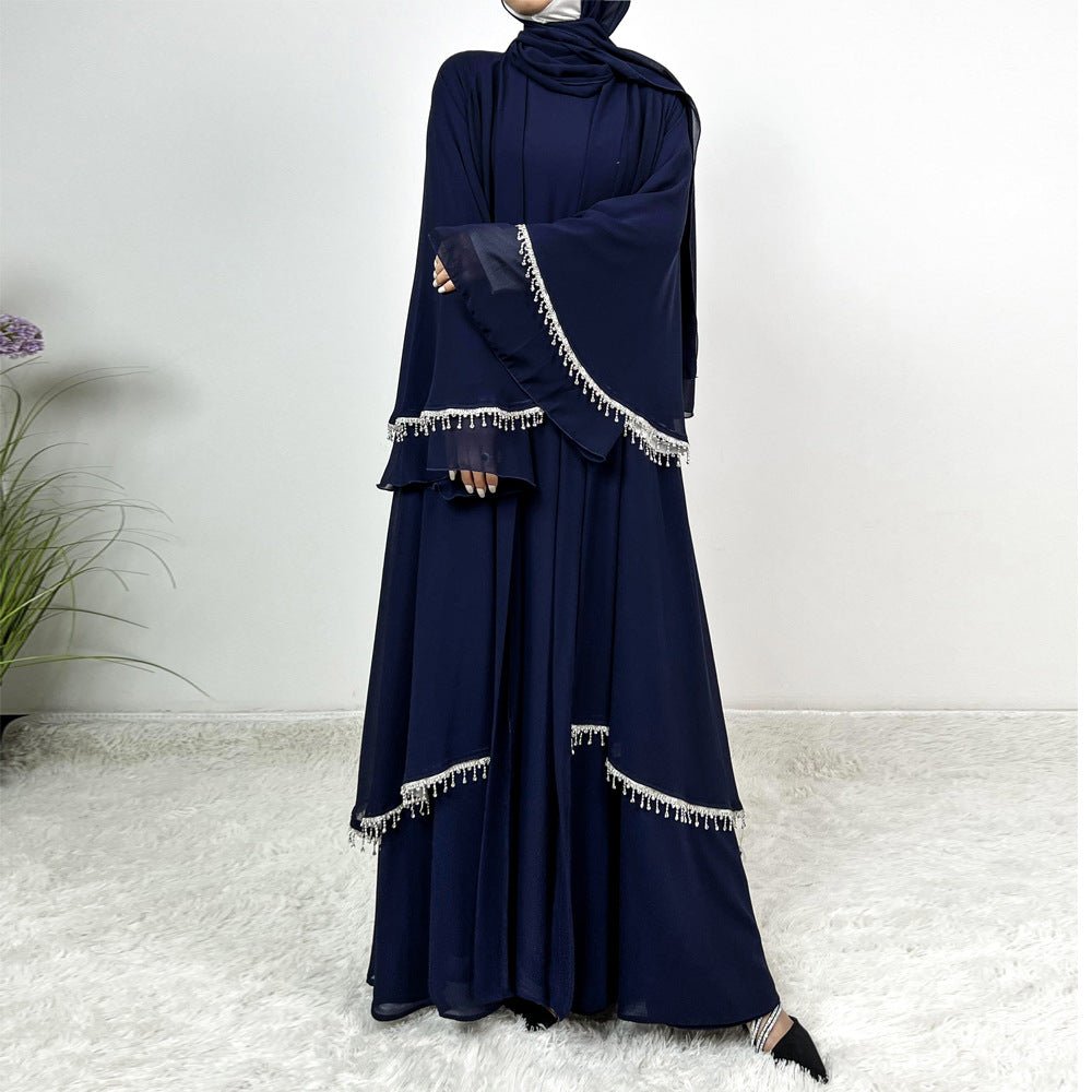 Diamond Beaded Fringe Flare Sleeve Chiffon Maxi Abaya Set (MOA148)