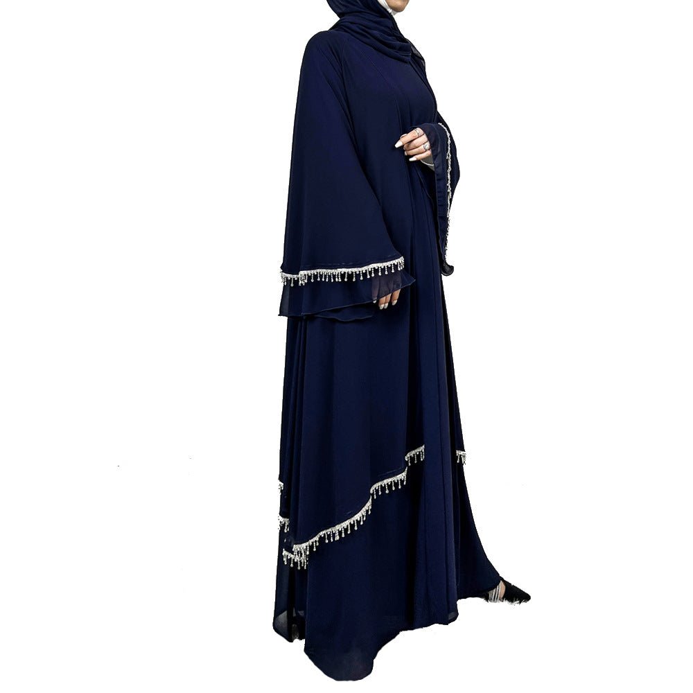 Diamond Beaded Fringe Flare Sleeve Chiffon Maxi Abaya Set (MOA148)