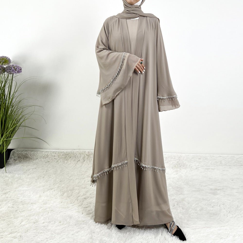 Diamond Beaded Fringe Flare Sleeve Chiffon Maxi Abaya Set (MOA148)