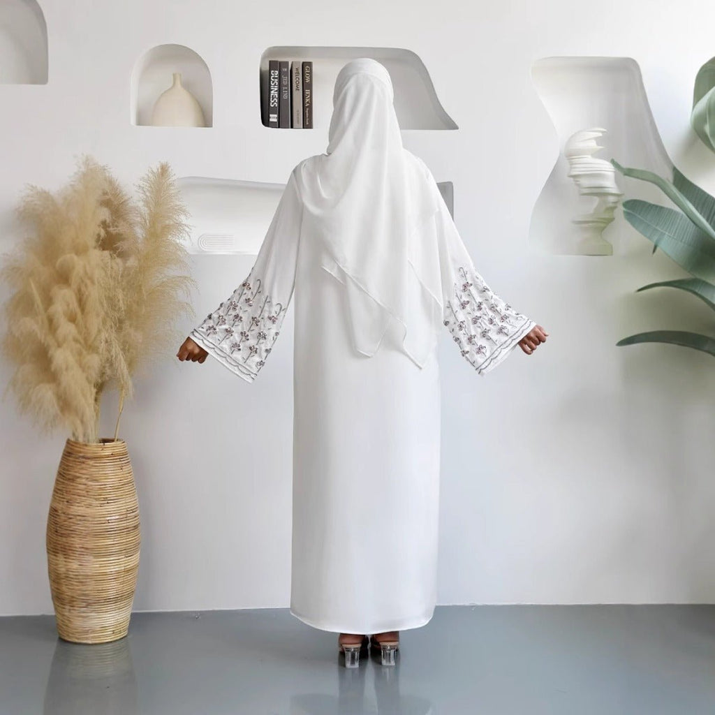 Diamond Glow Abaya Collection | Luxury Modest Fashion White & Blush Pink Embroidered Robes with Floral Sleeves (MOA205)