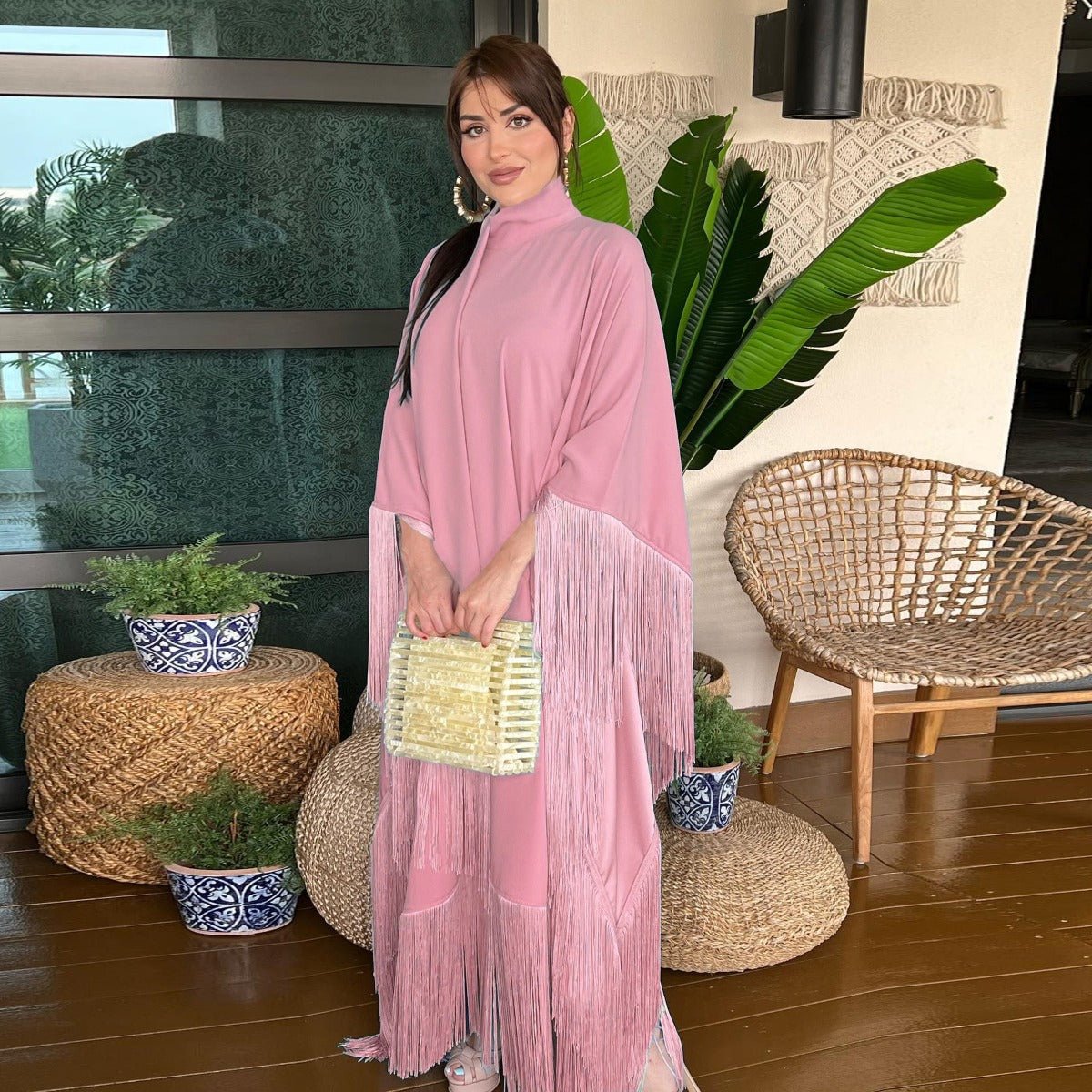 Bat Sleeve Tassel Kaftan | Party Dress with Flowy Fringe Details (MA288)
