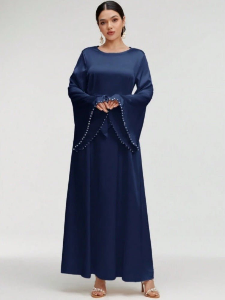 Elegant Beaded Pear Long Sleeve Maxi Dress Abaya with Flared Cuffs & Waist Tie (MA200)