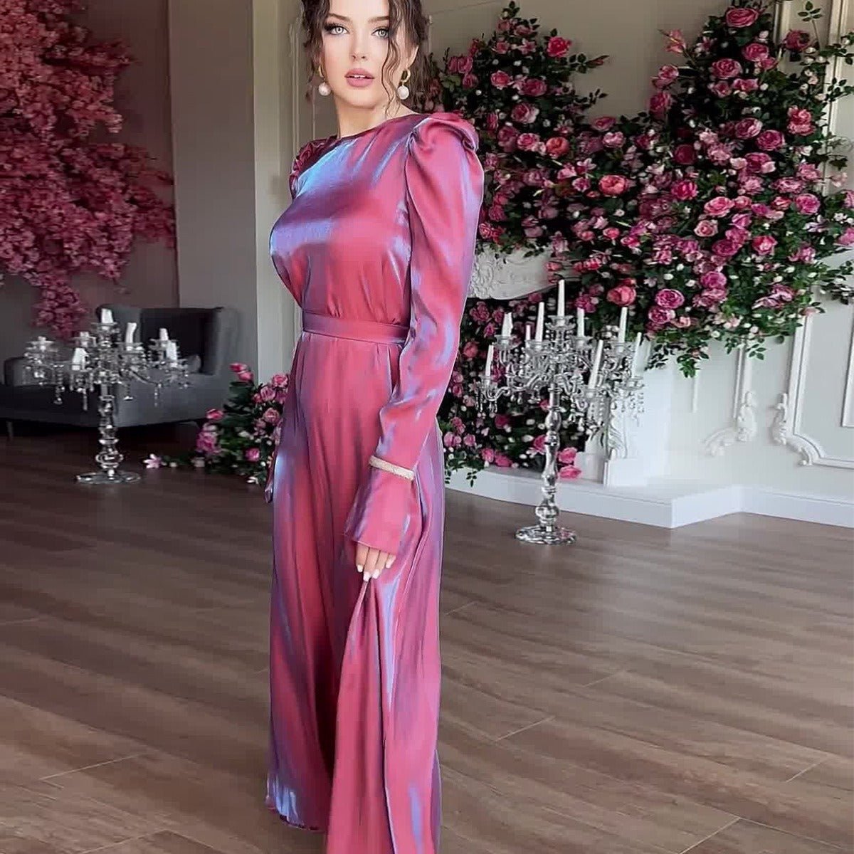 Elegant Burgundy Glitter Satin Long Sleeve Ball Gown with Flared Cuffs (MA223)