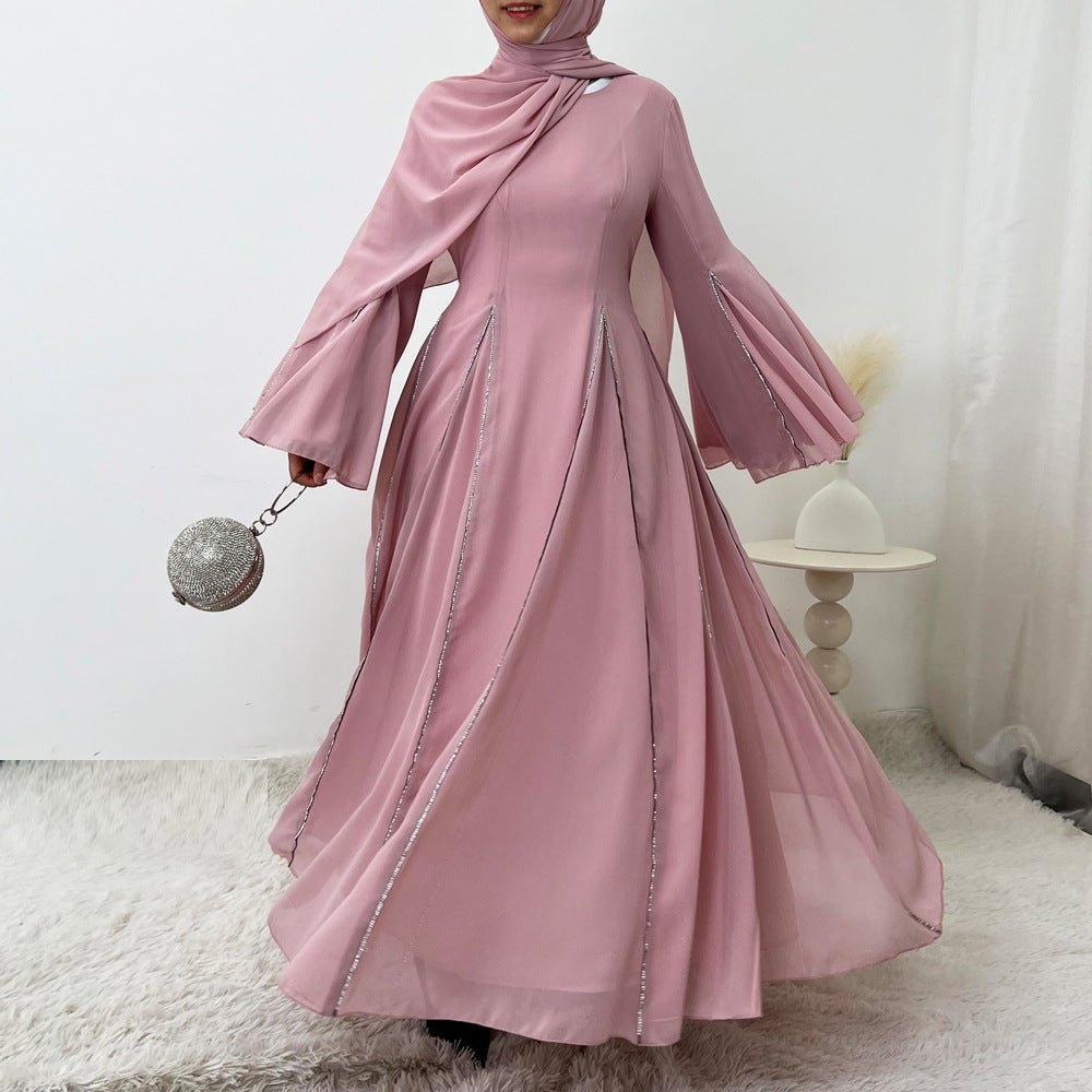Elegant Chiffon Abaya Set with Hijab | Round Neck Bell Sleeve Maxi Dress with Rhinestone Trim (MA325)