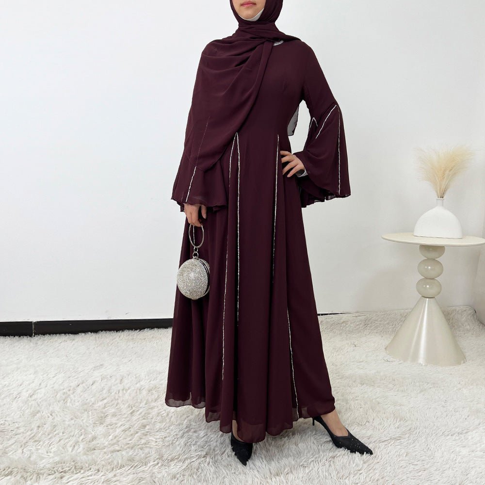 Elegant Chiffon Abaya Set with Hijab | Round Neck Bell Sleeve Maxi Dress with Rhinestone Trim (MA325)