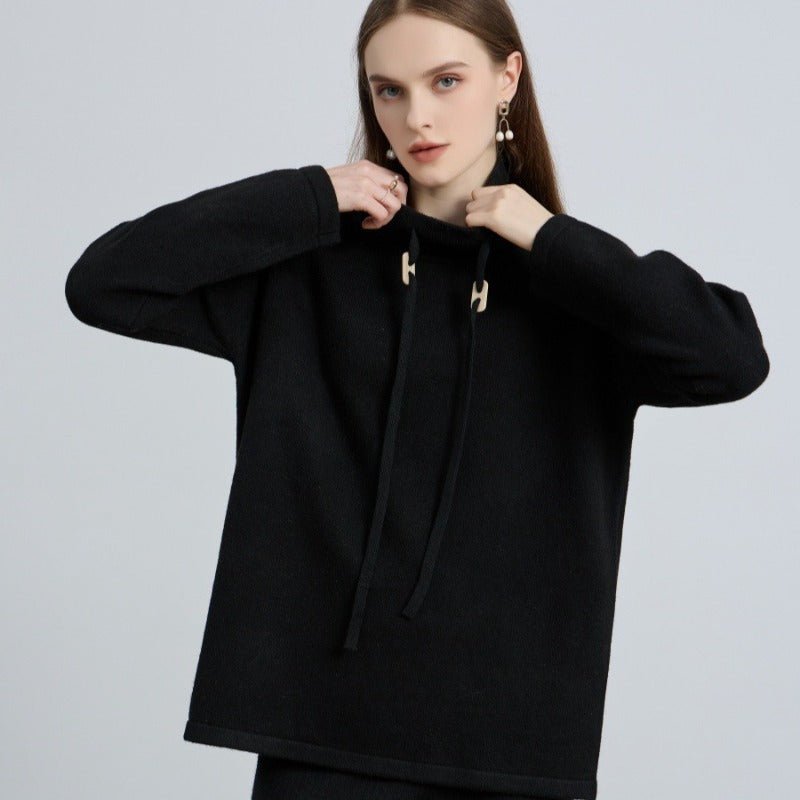 Elegant Half-Turtleneck Knit Sweater with Drawstring | Pullover Style Versatile Top(MS120)