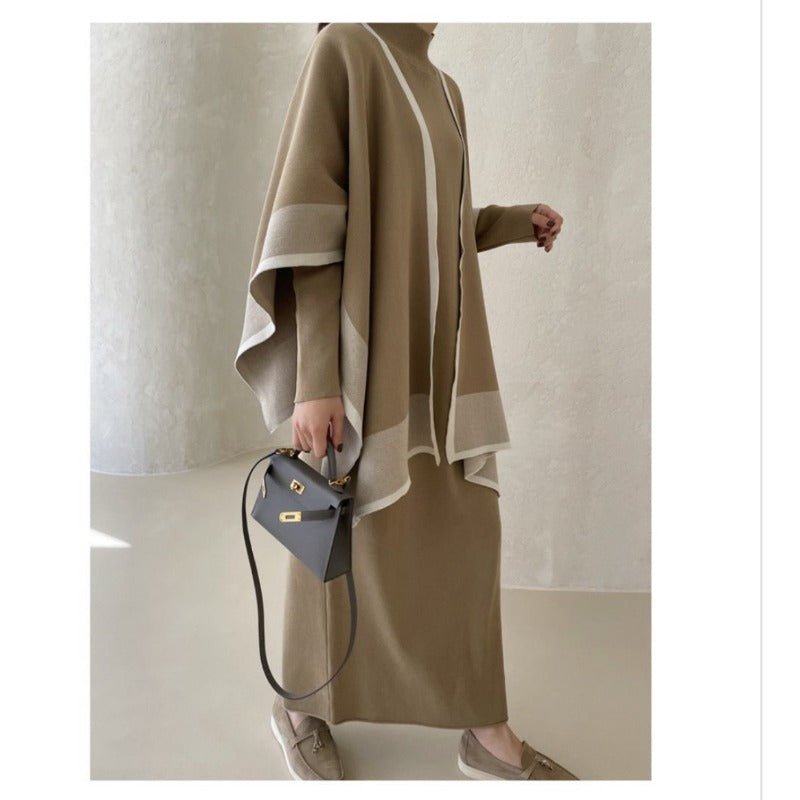Elegant Knit Shawl & Half-Turtleneck Maxi Dress Set | Two-Piece Modest Outfit(MS117)