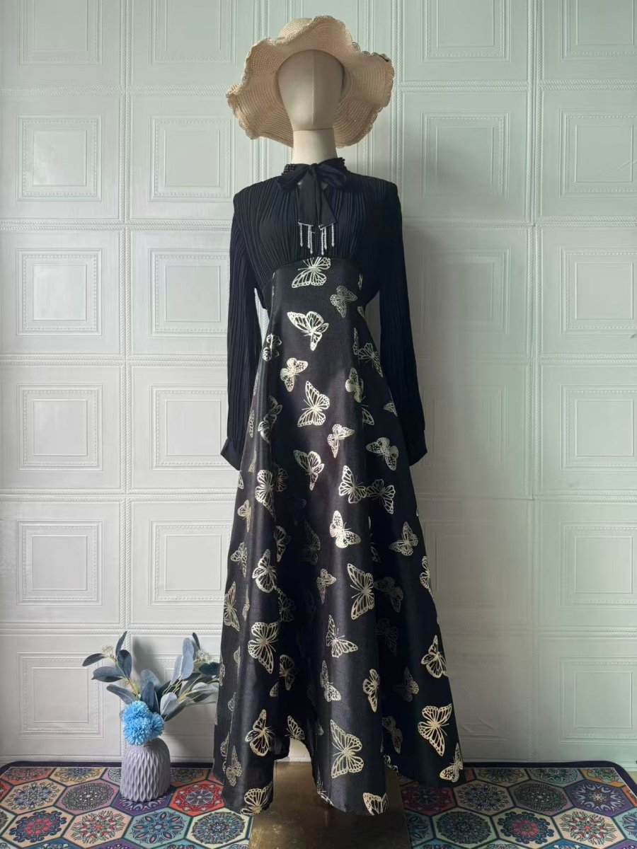 Elegant Long Sleeve Maxi Dress, Butterfly Patterned Abaya / Long Dress Gown (MA219)