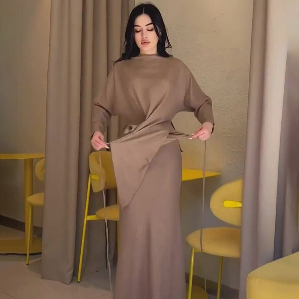 Elegant Long Sleeve Taupe Satin Cross-Lace Waist Skirt Two-Piece Abaya Outfit(MA208)