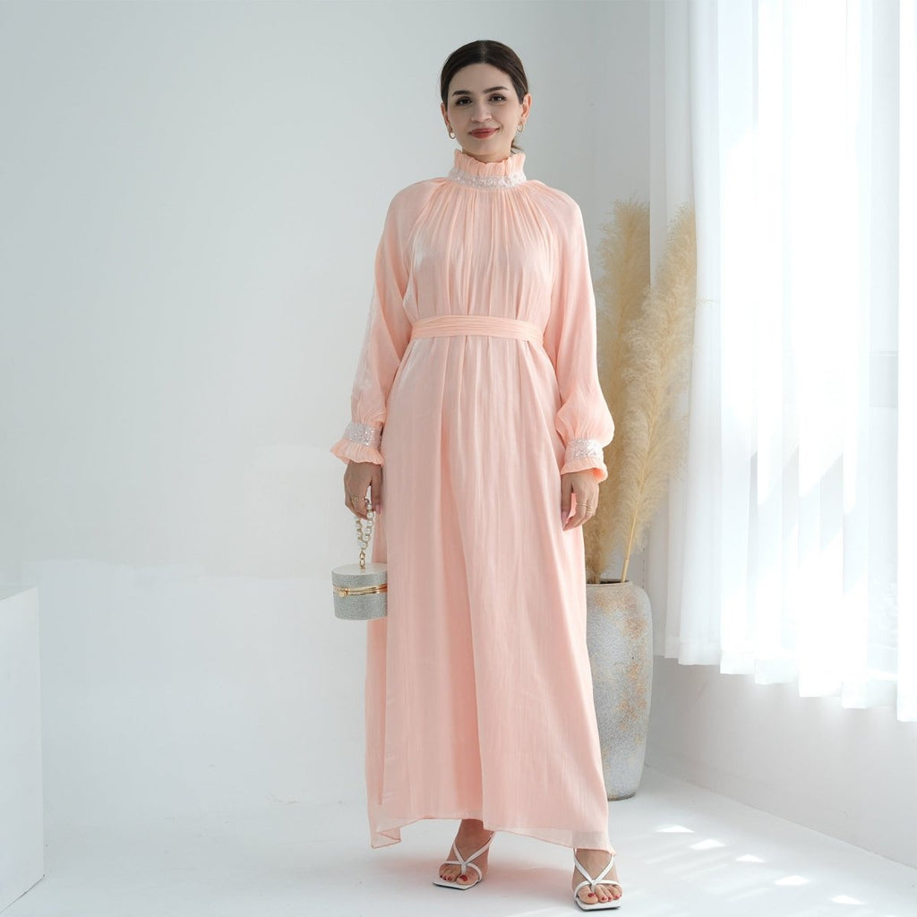 Elegant Modest Long Sleeve High-Neck Lace-Up Solid Color Dress Abaya (MA213)
