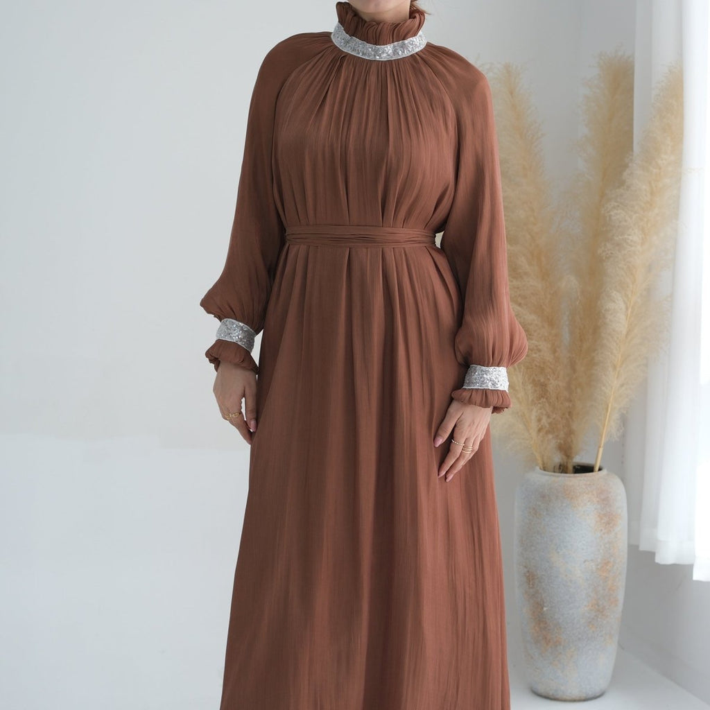 Elegant Modest Long Sleeve High-Neck Lace-Up Solid Color Dress Abaya (MA213)