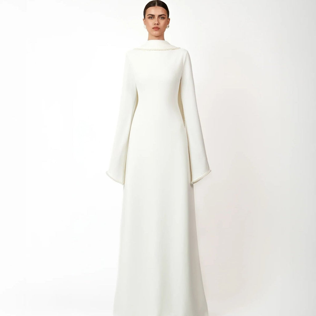 Elegant Pearl Embellished Cape Sleeve Evening Dress(MA337)