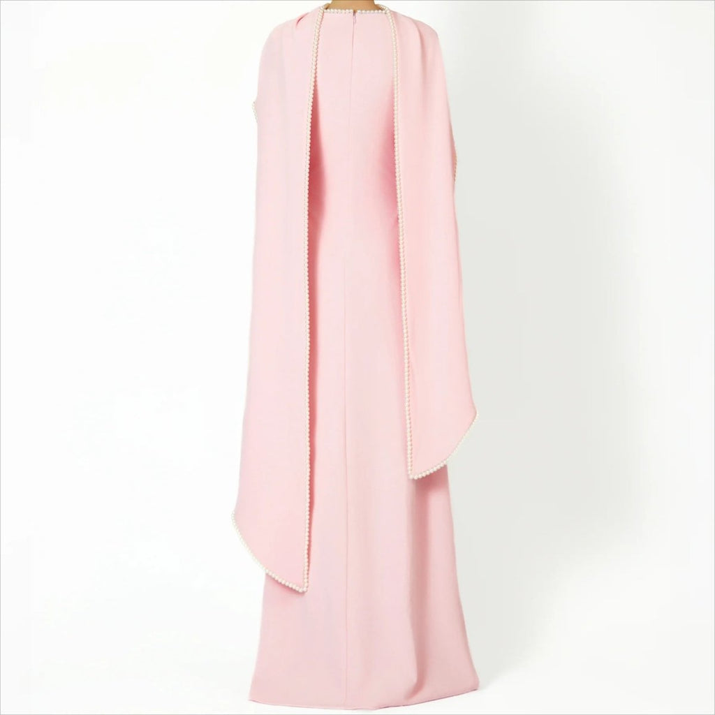 Elegant Pearl Embellished Cape Sleeve Evening Dress(MA337)