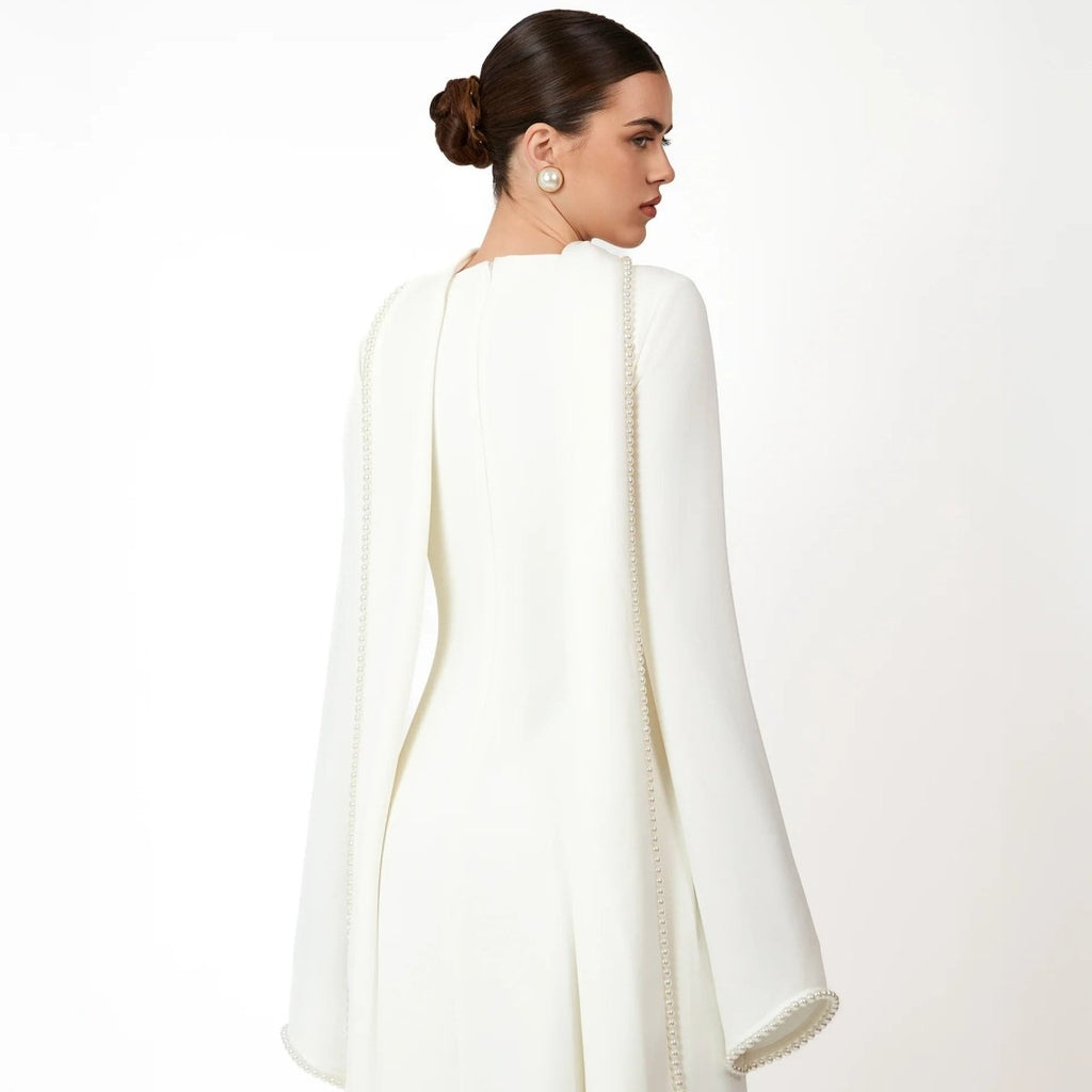 Elegant Pearl Embellished Cape Sleeve Evening Dress(MA337)